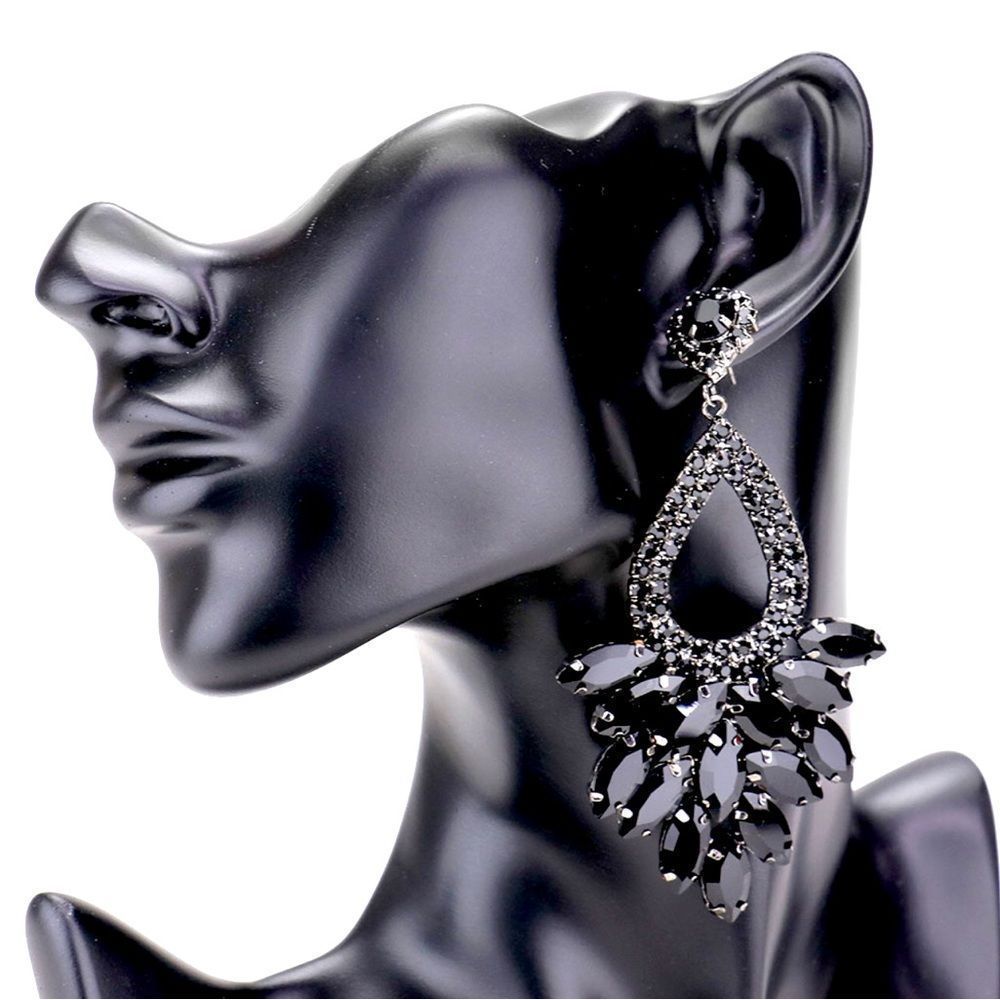 Jet Black Marquise Crystal Cluster Rhinestone Evening Dangle Statement E…